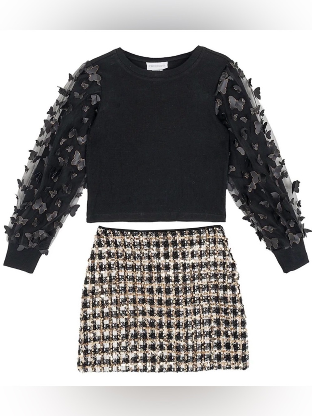 Black Puff-Sleeve Butterfly Sweater with Tweed Sequence Mini Skirt